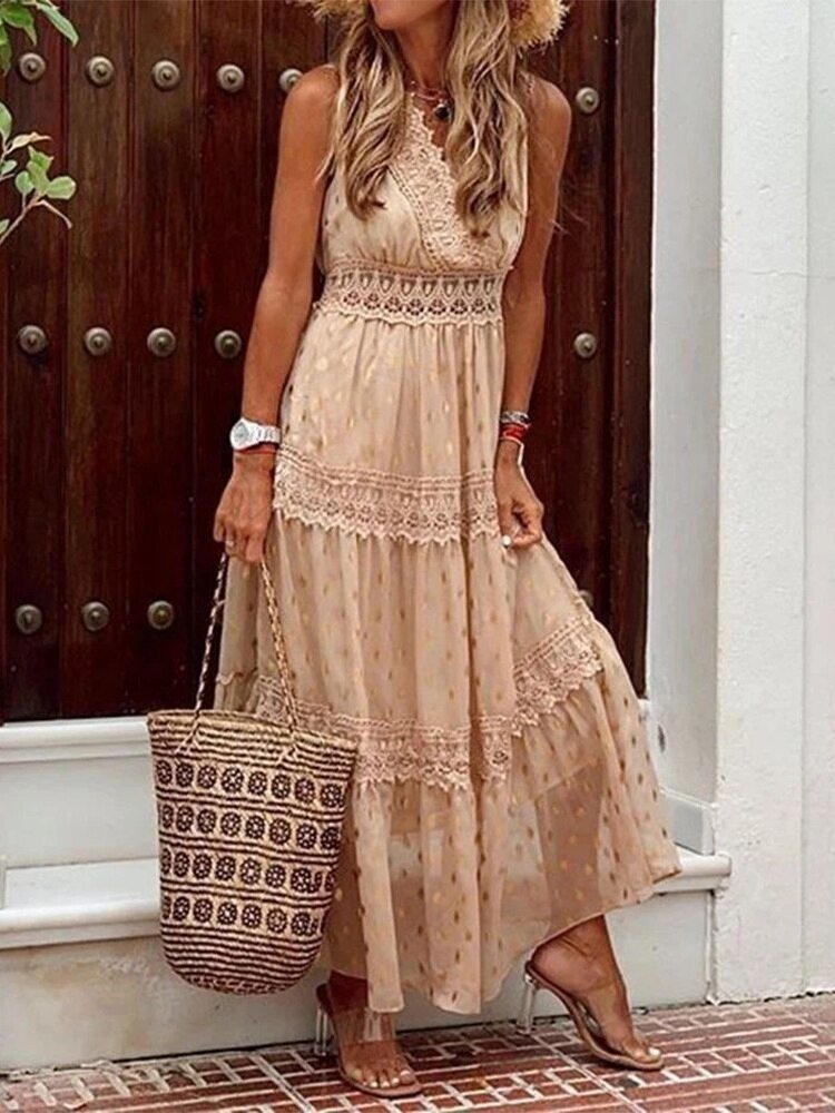 Vestido boho largo para invitada de boda en Beige