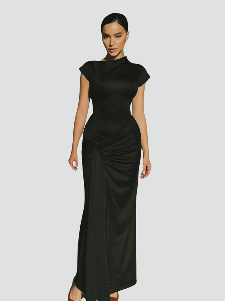 Vestido de Cóctel Maxi Ajustado con Pliegues en Negro