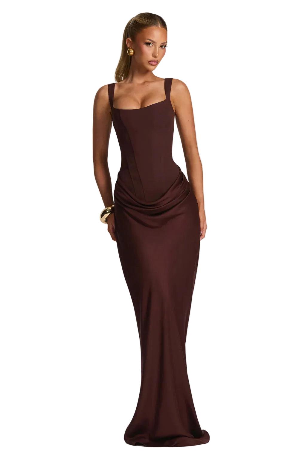 Vestido de Fiesta Maxi Elegante Ajustado en Marrón claro