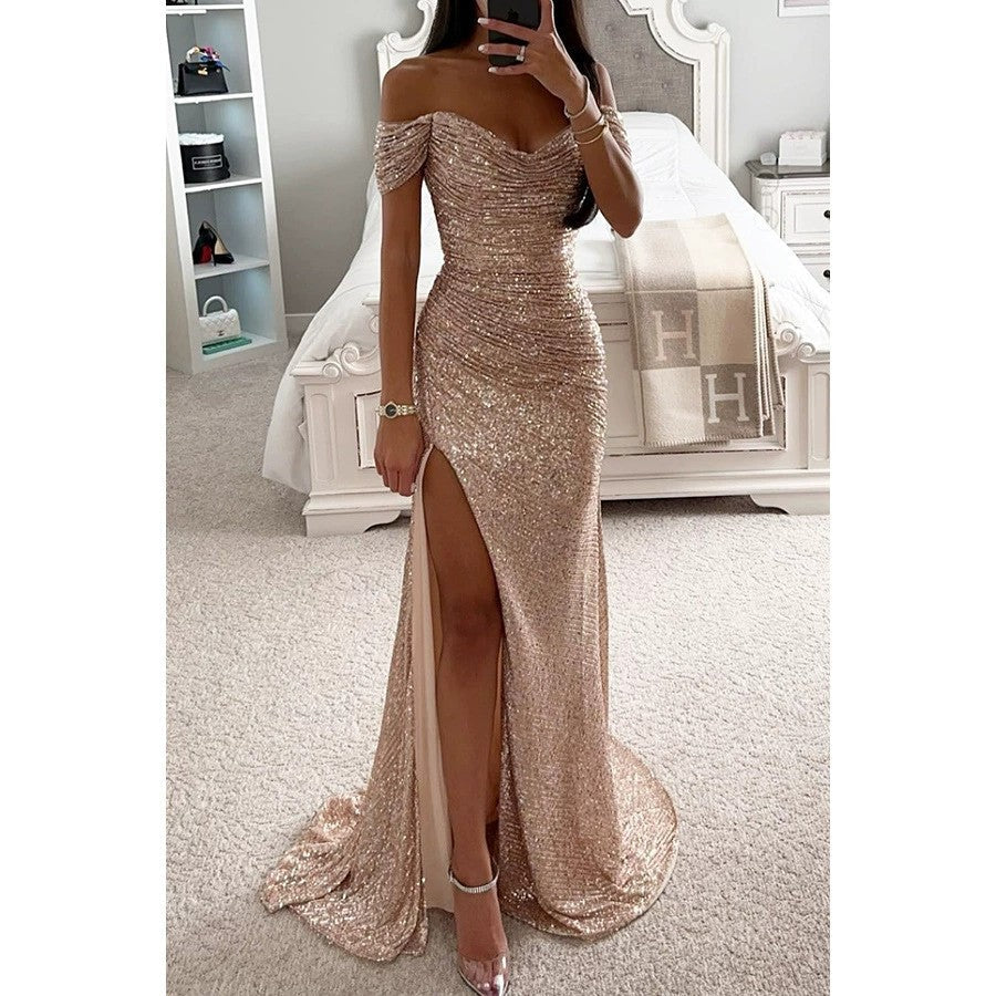 Vestido de Invitada de Boda con Lentejuelas en Beige