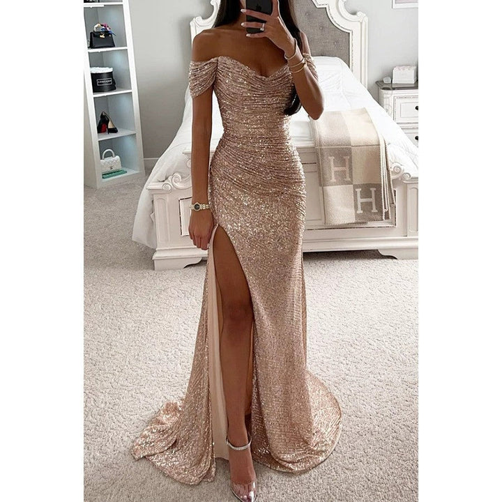 Vestido de Invitada de Boda con Lentejuelas en Beige
