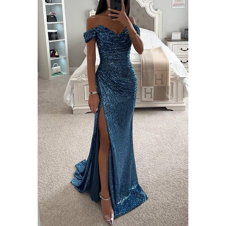 Vestido de Invitada de Boda con Lentejuelas en Peacock Blue