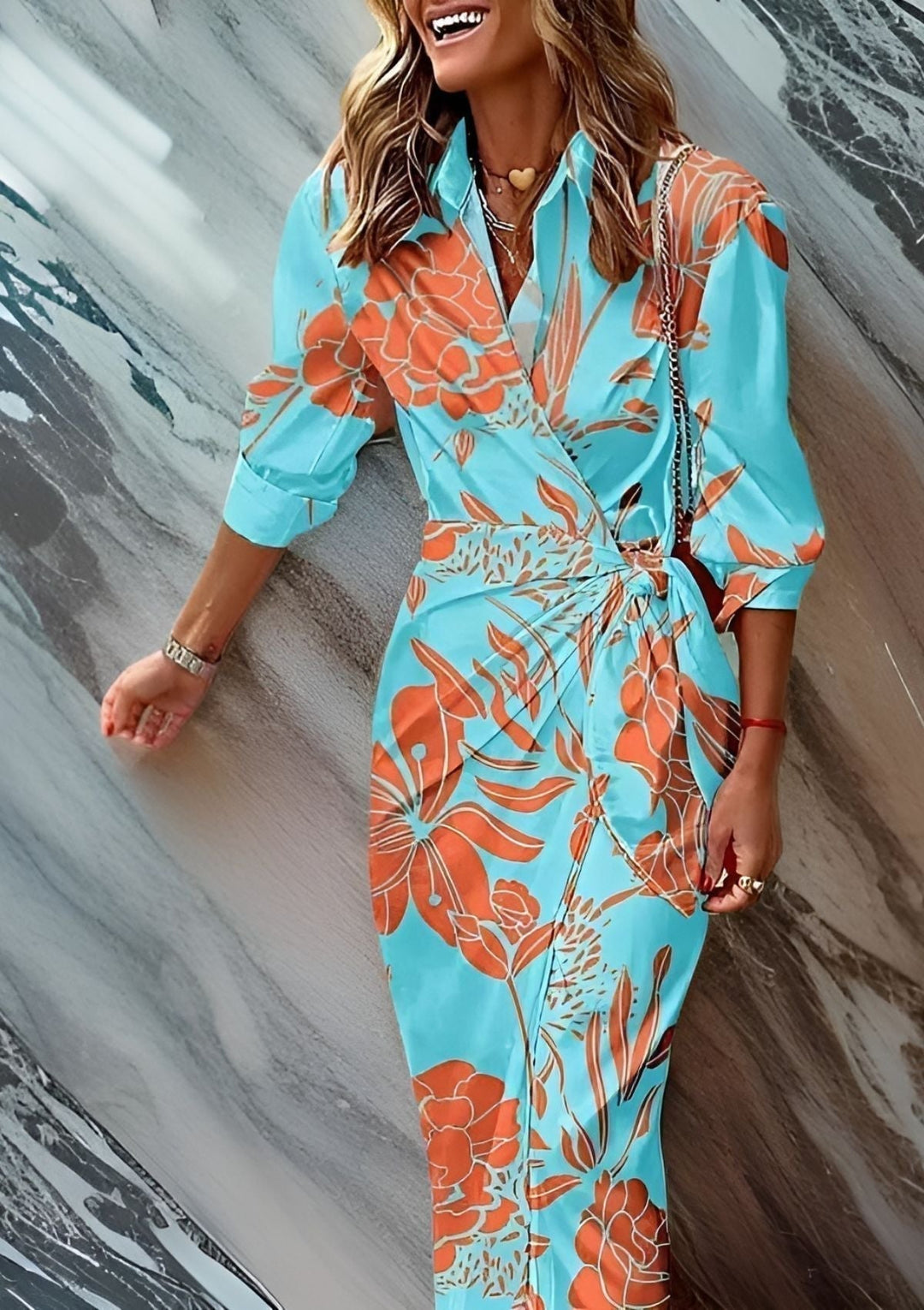 Vestido de Otoño Estampado Cruzado en Türkis