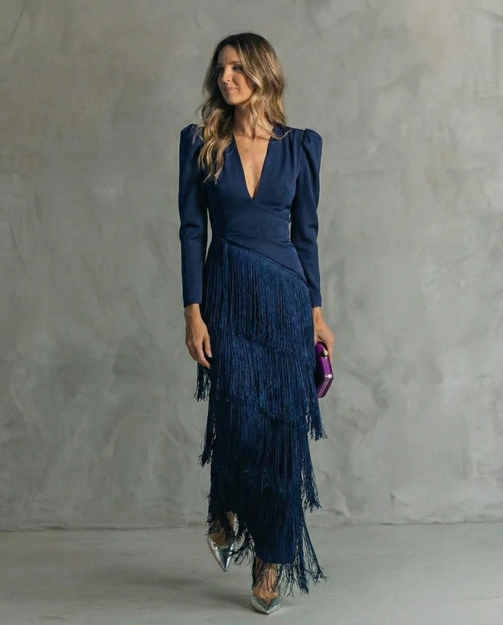 Vestido de otoño midi con flecos elegantes en Azul