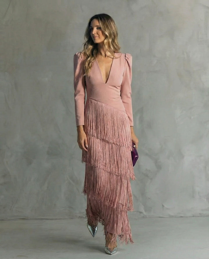 Vestido de otoño midi con flecos elegantes en Rosa