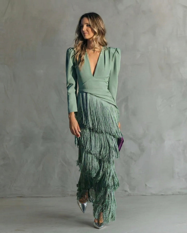 Vestido de otoño midi con flecos elegantes en Verde claro