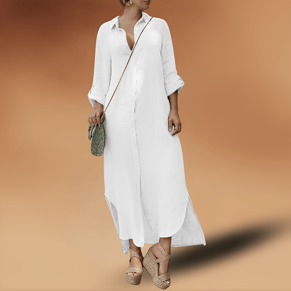 Vestido de Otoño Midi en Lino en Blanco