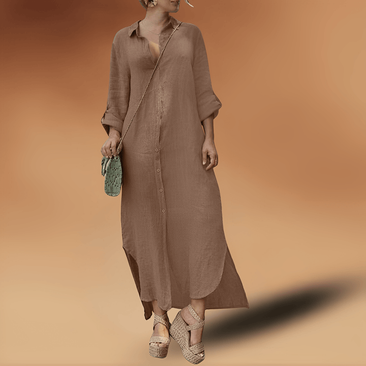 Vestido de Otoño Midi en Lino en Caqui