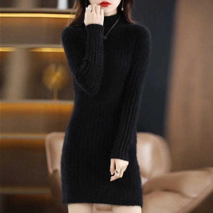 Vestido de punto cuello alto manga larga para otoño en Negro