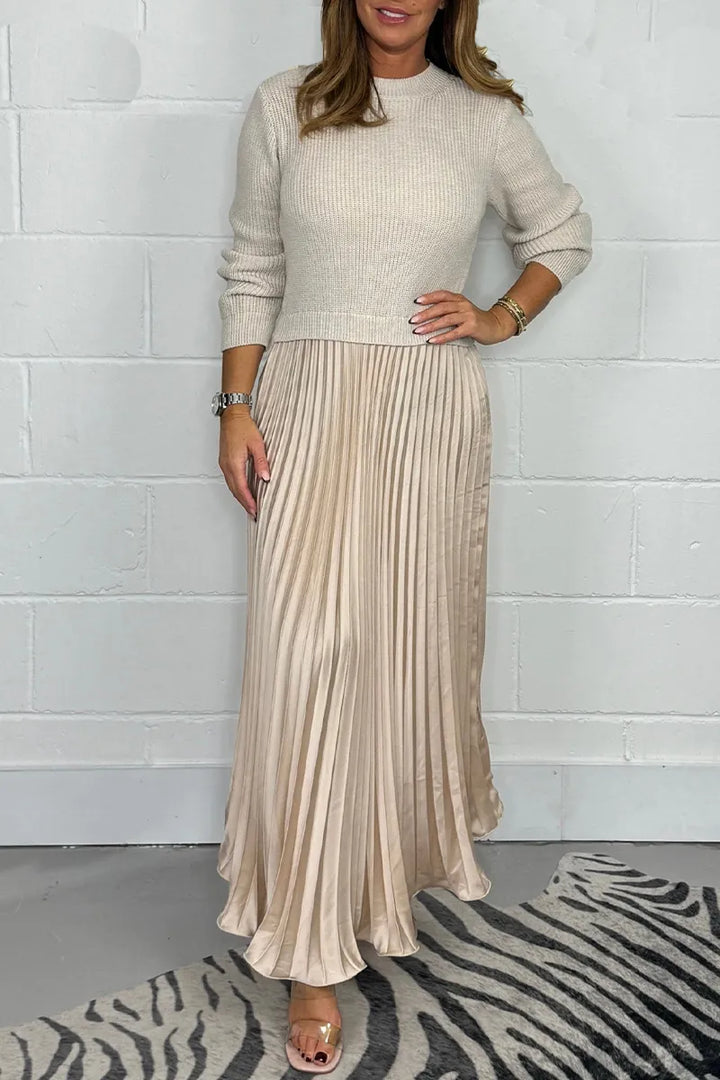 Vestido de Punto Midi con Falda Plisada en Aprikose
