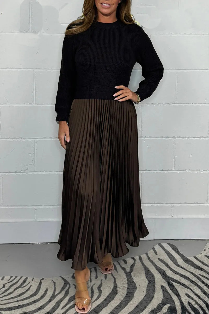 Vestido de Punto Midi con Falda Plisada en Marrón oscuro 1