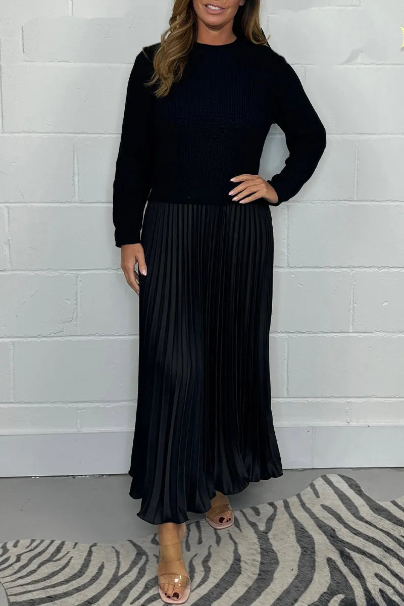 Vestido de Punto Midi con Falda Plisada en Negro