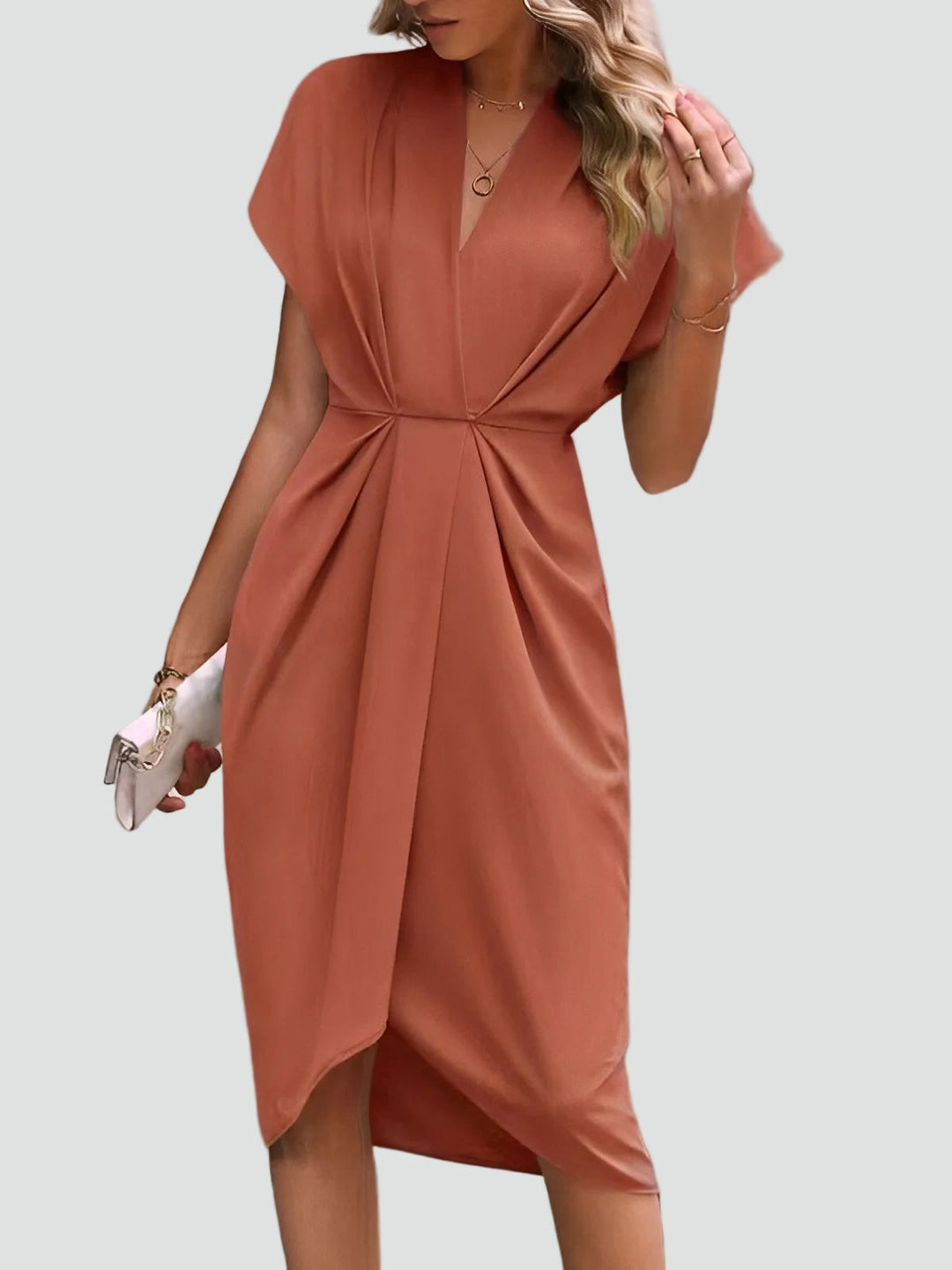 Vestido de Verano Midi Cruzado Sofisticado en Koraal