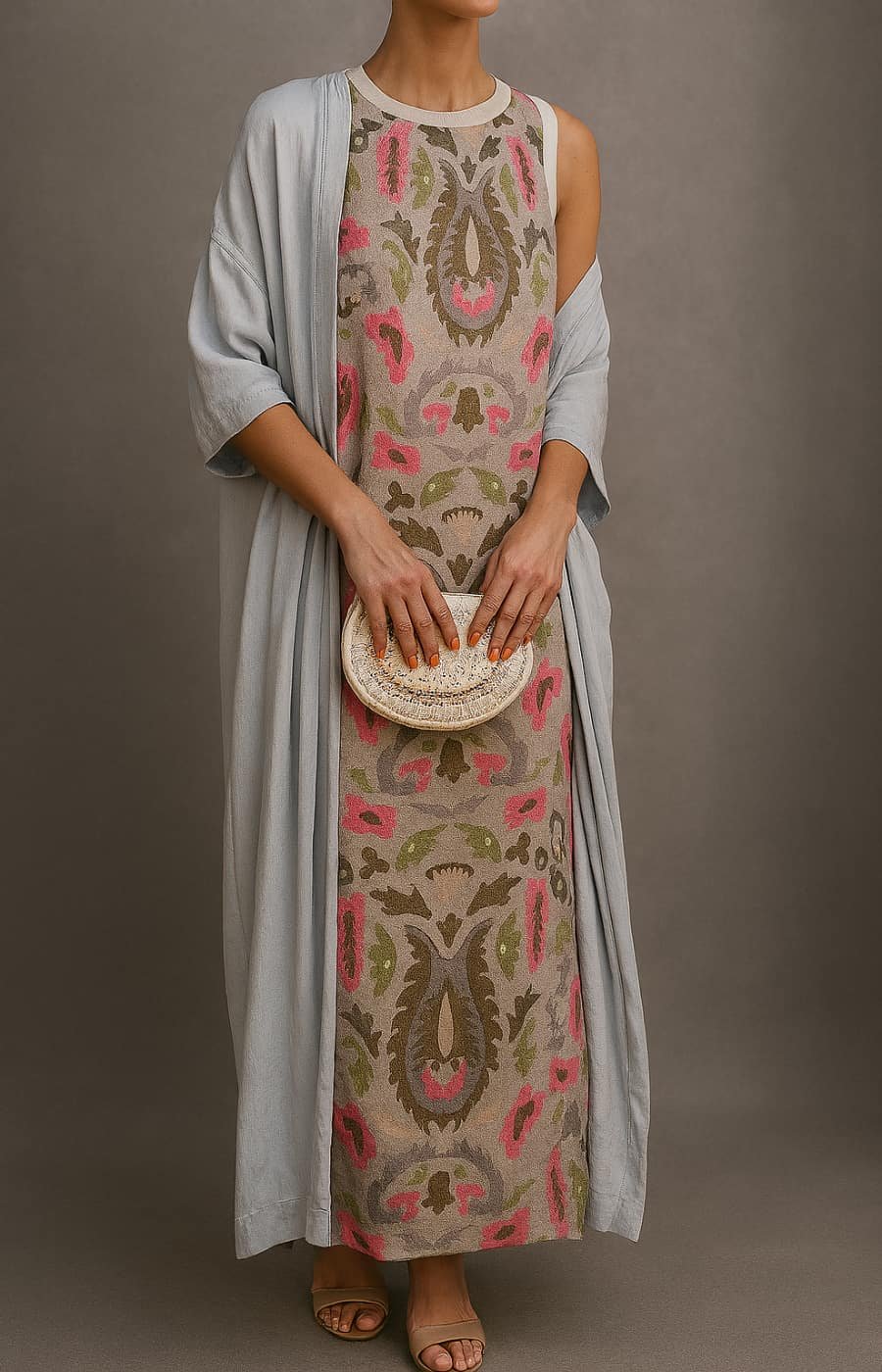 Vestido Elegante Maxi con Bordado Floral en Caqui