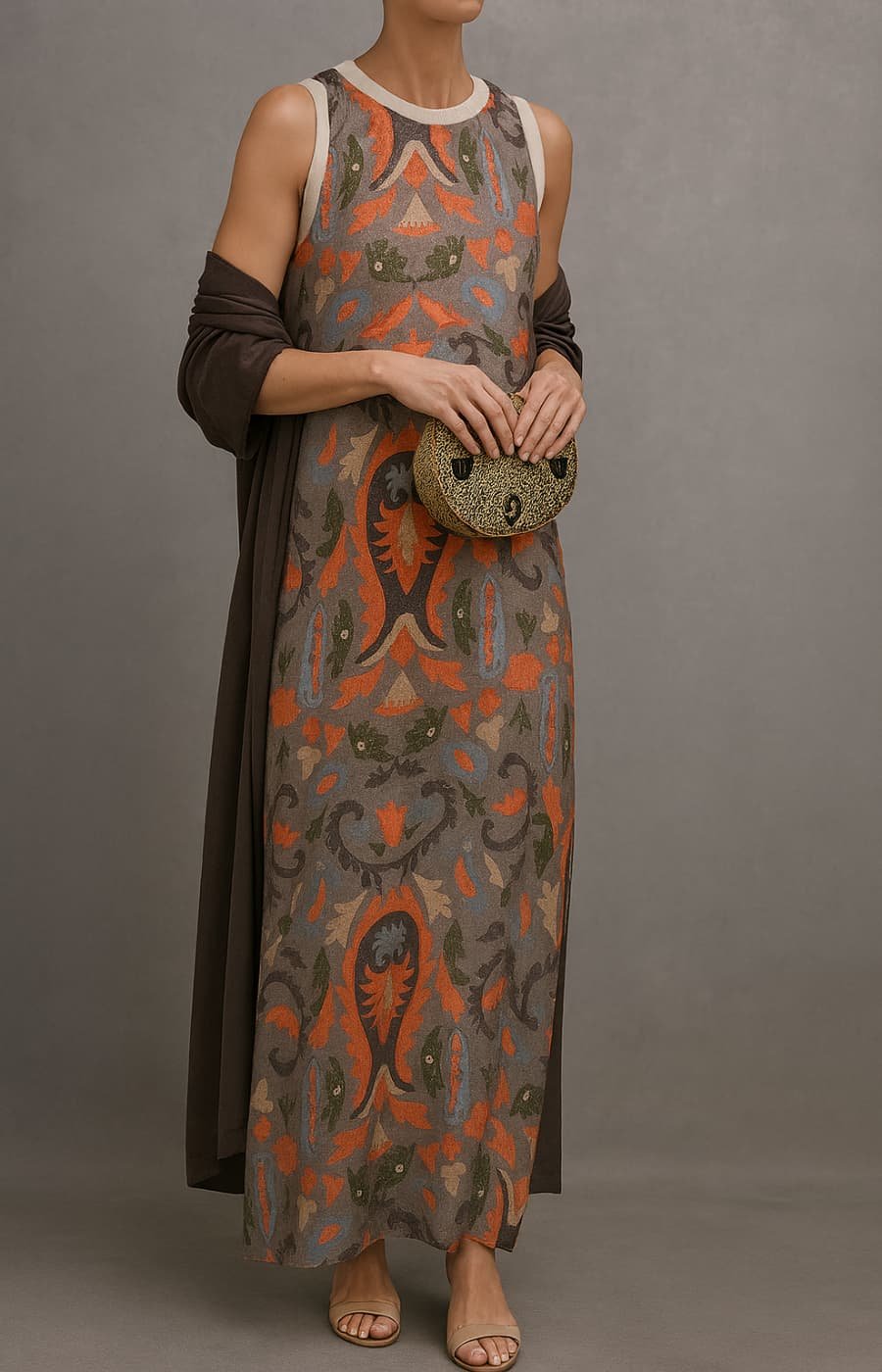 Vestido Elegante Maxi con Bordado Floral en Gris