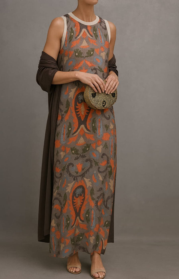 Vestido Elegante Maxi con Bordado Floral en Gris