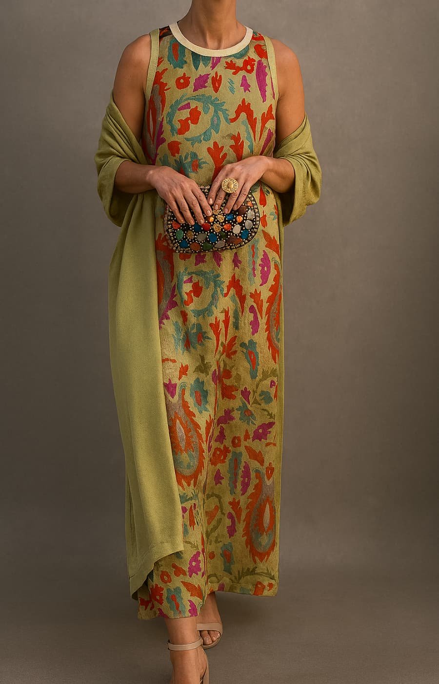 Vestido Elegante Maxi con Bordado Floral en Verde