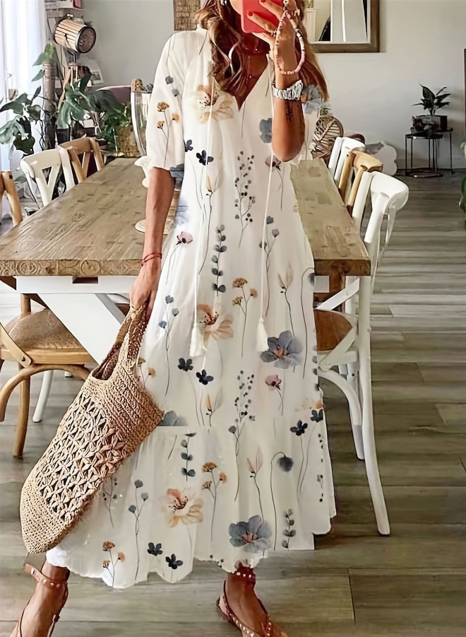 Vestido Elegante Midi Floral de Algodón en Blanco