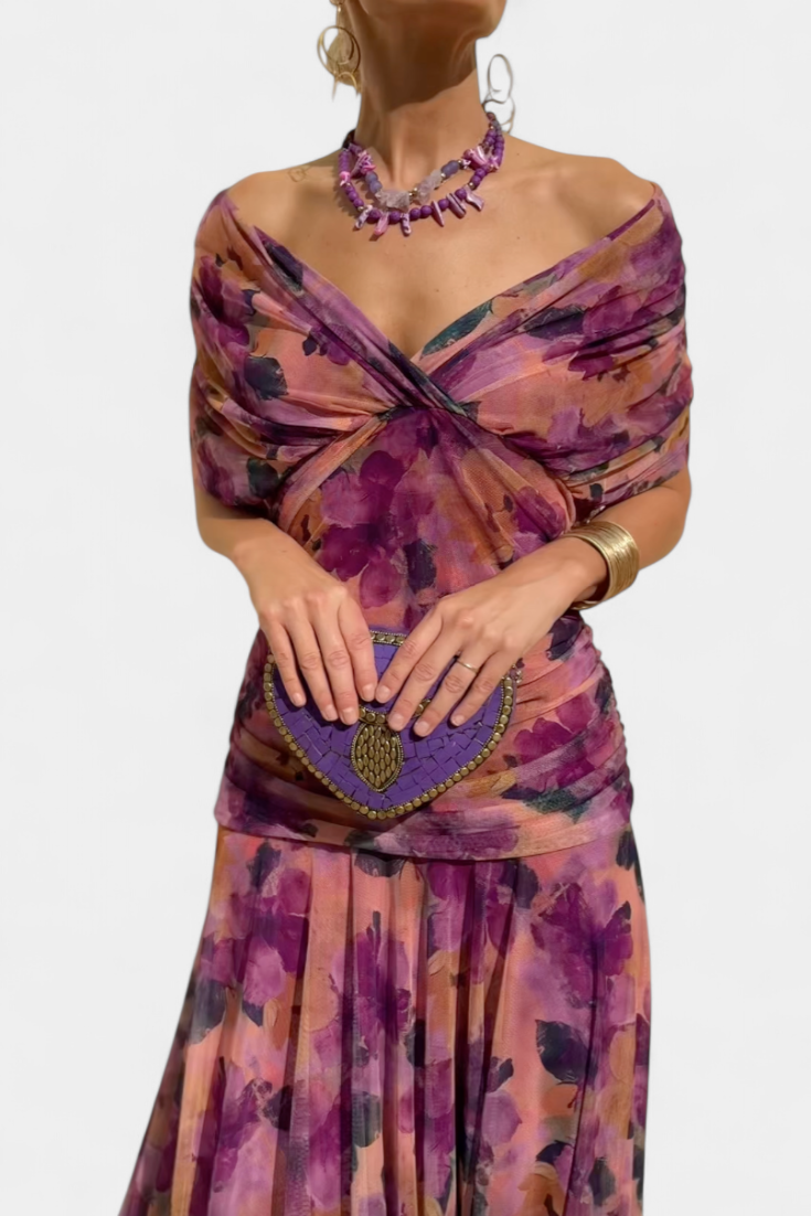 Vestido Festivo Maxilargo Fluido Elegante en Morado