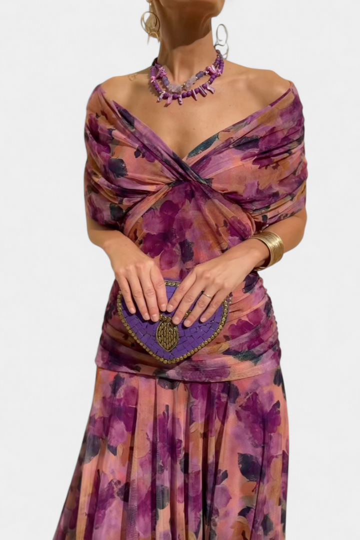 Vestido Festivo Maxilargo Fluido Elegante en Morado