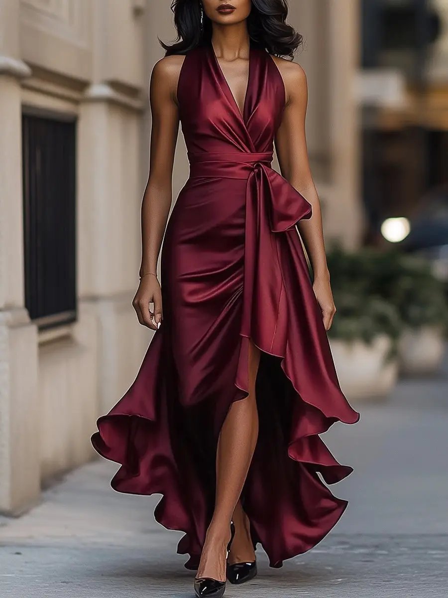 Vestido Festivo Midi Elegante Envolvente en Burgunder