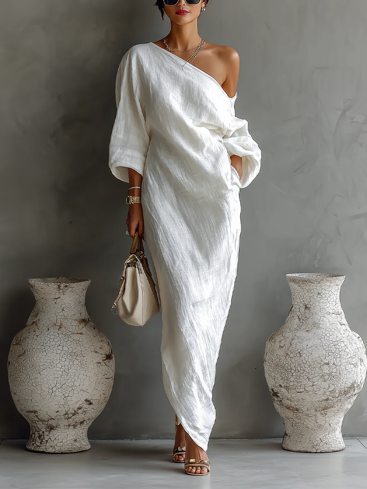 Vestido Fiesta Maxi Elegante Fluido en Blanco