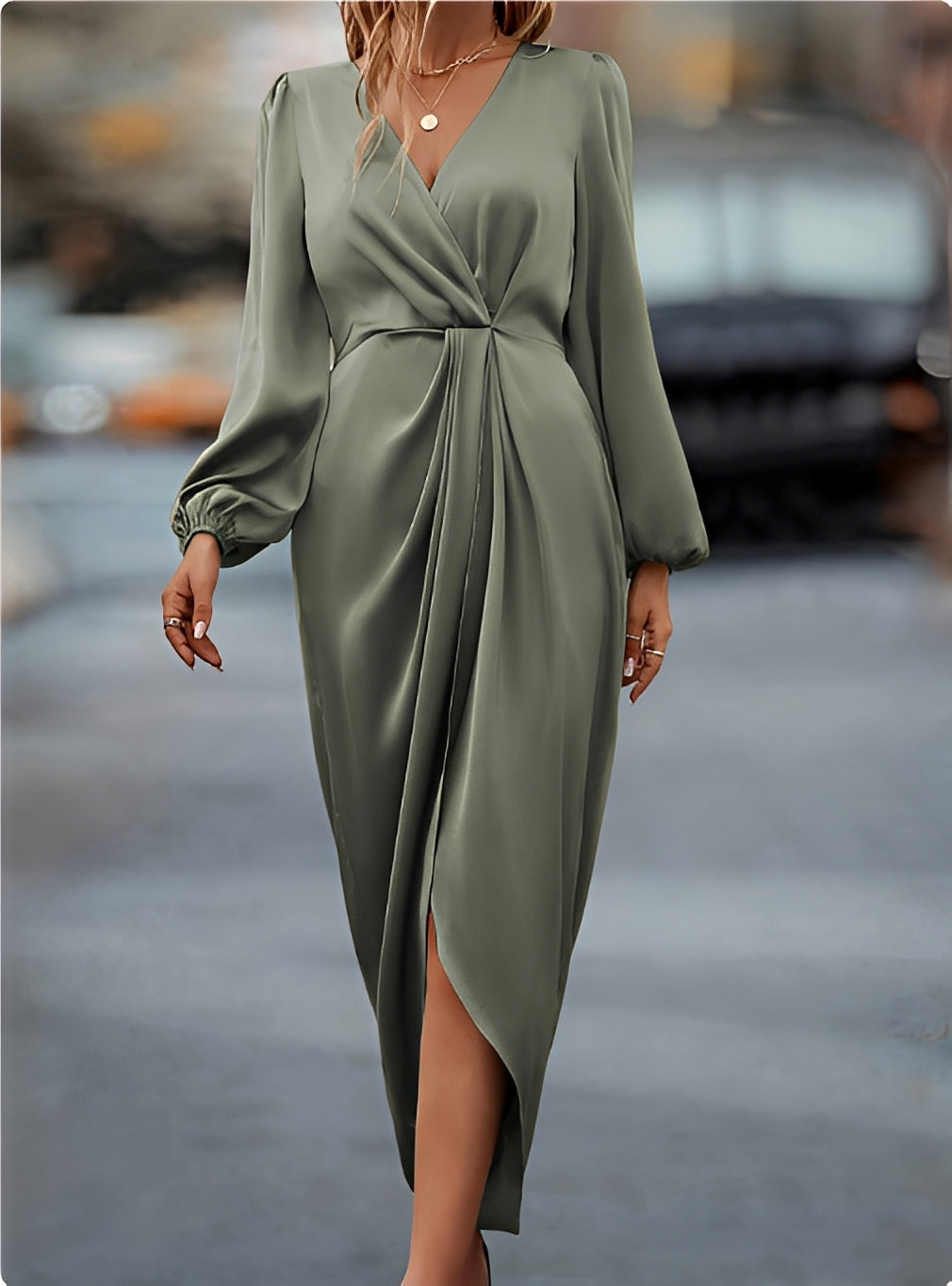 Vestido Largo Elegante Satinado de Invitada a Boda en Zielony Jasno
