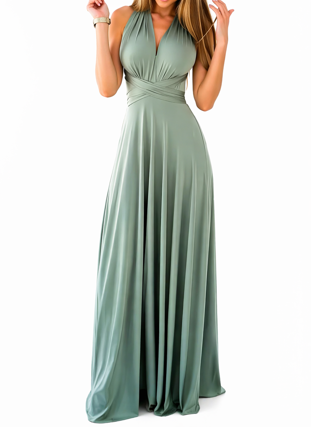 Vestido Maxi de Fiesta Elegante Fluido en Celadon