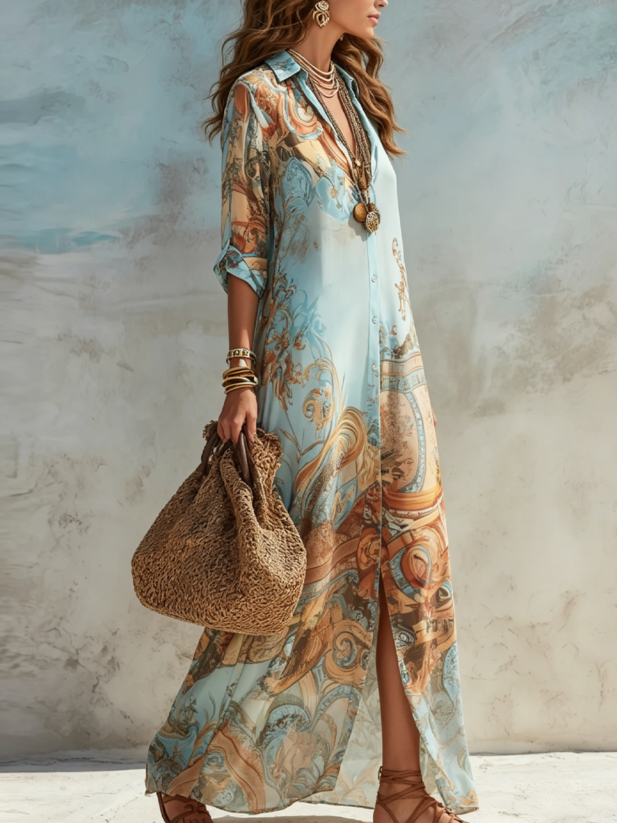 Vestido maxi de lino con estampado paisley en Azul claro 2