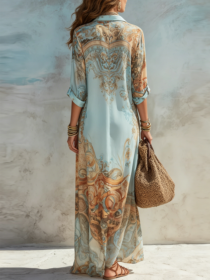 Vestido maxi de lino con estampado paisley en Azul claro 3