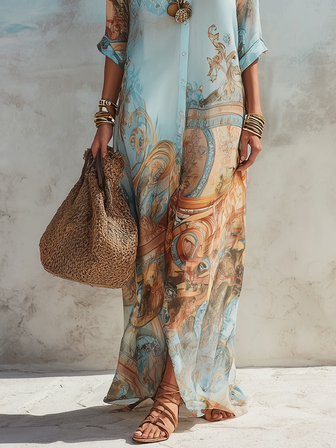 Vestido maxi de lino con estampado paisley en Azul claro 5