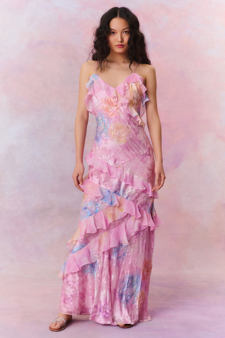 Vestido Maxi Florido Fruncido para Invitada de Boda en Rosa