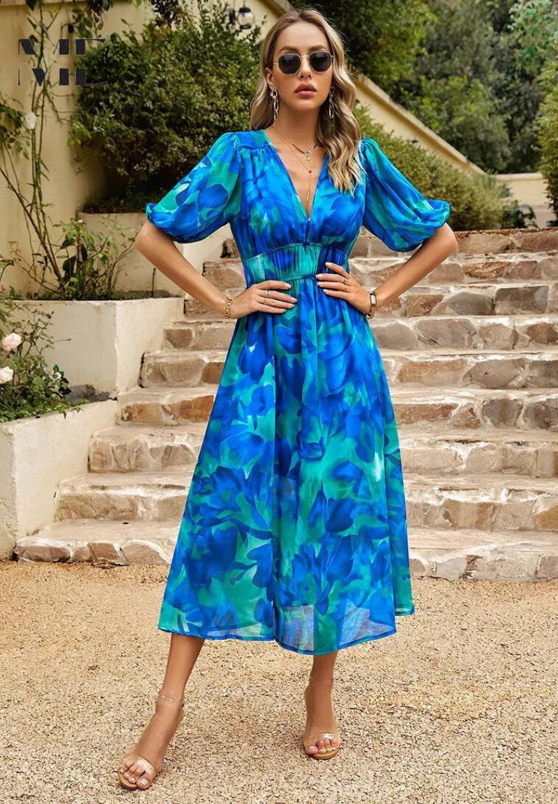 Vestido Midi Elegante para Invitada de Boda en Azul 1