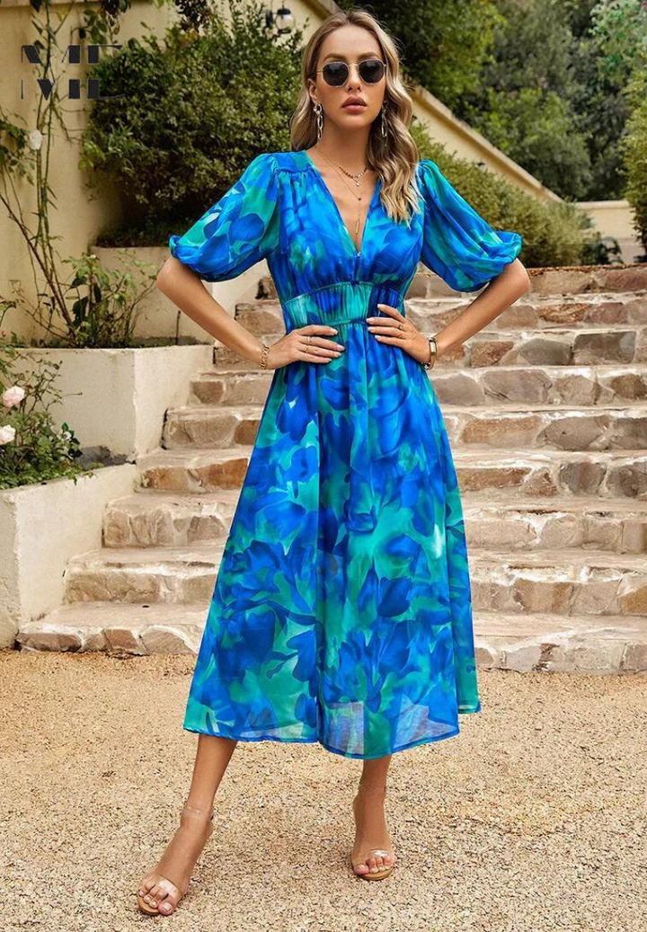 Vestido Midi Elegante para Invitada de Boda en Azul 1