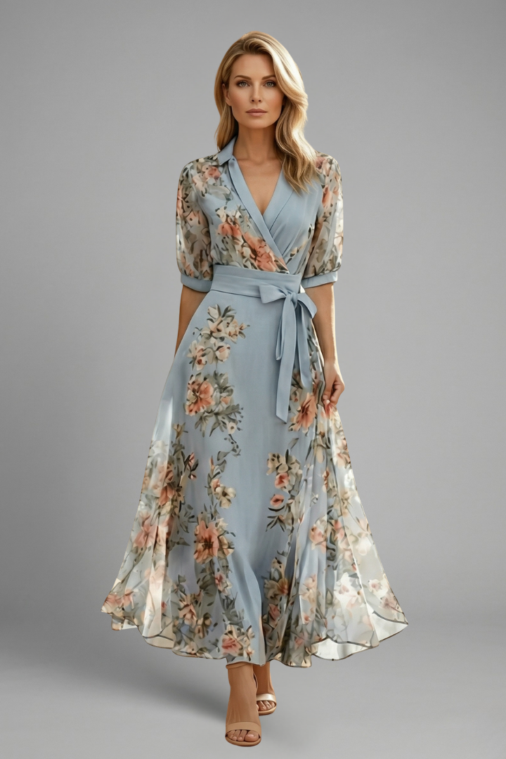Vestido Midi Floral para Invitada de Boda de Verano en Azul
