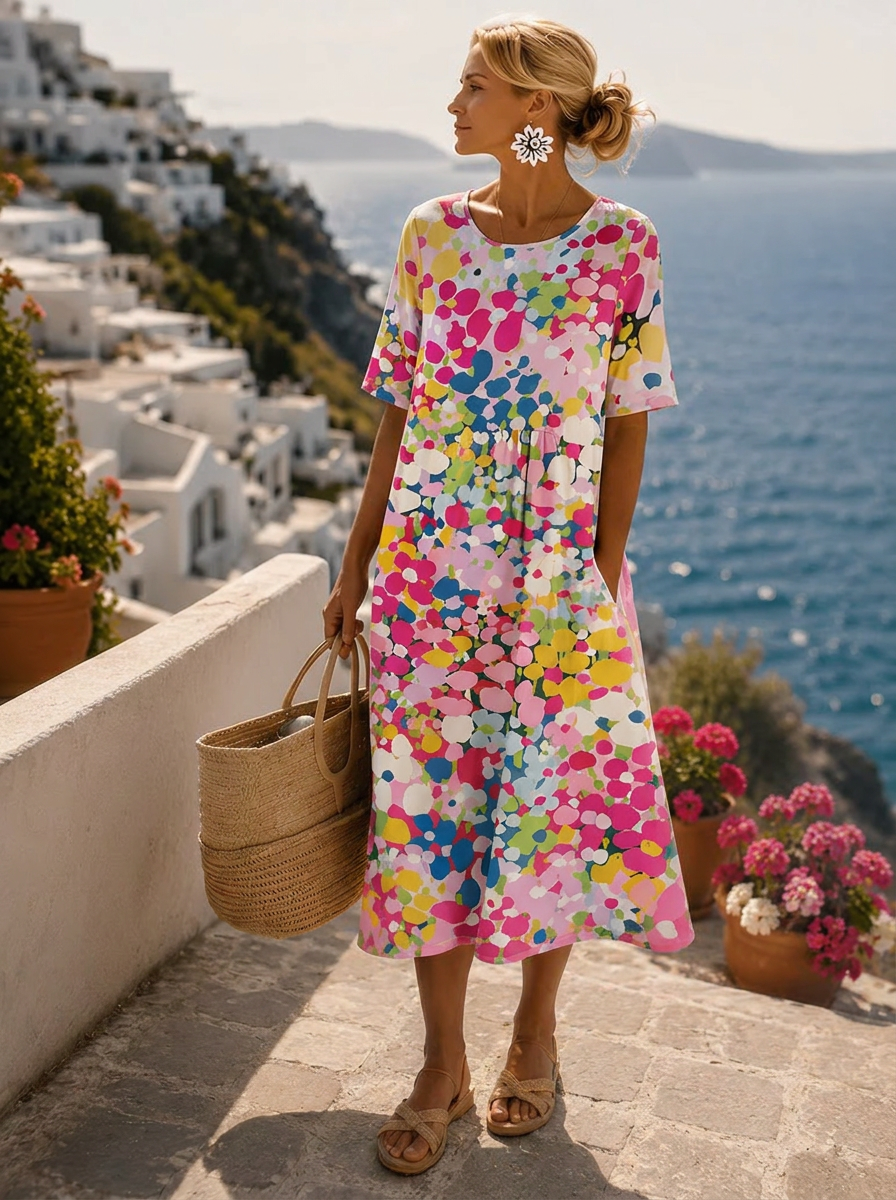 Vestido Playero Floral Midi de Verano en Rosa