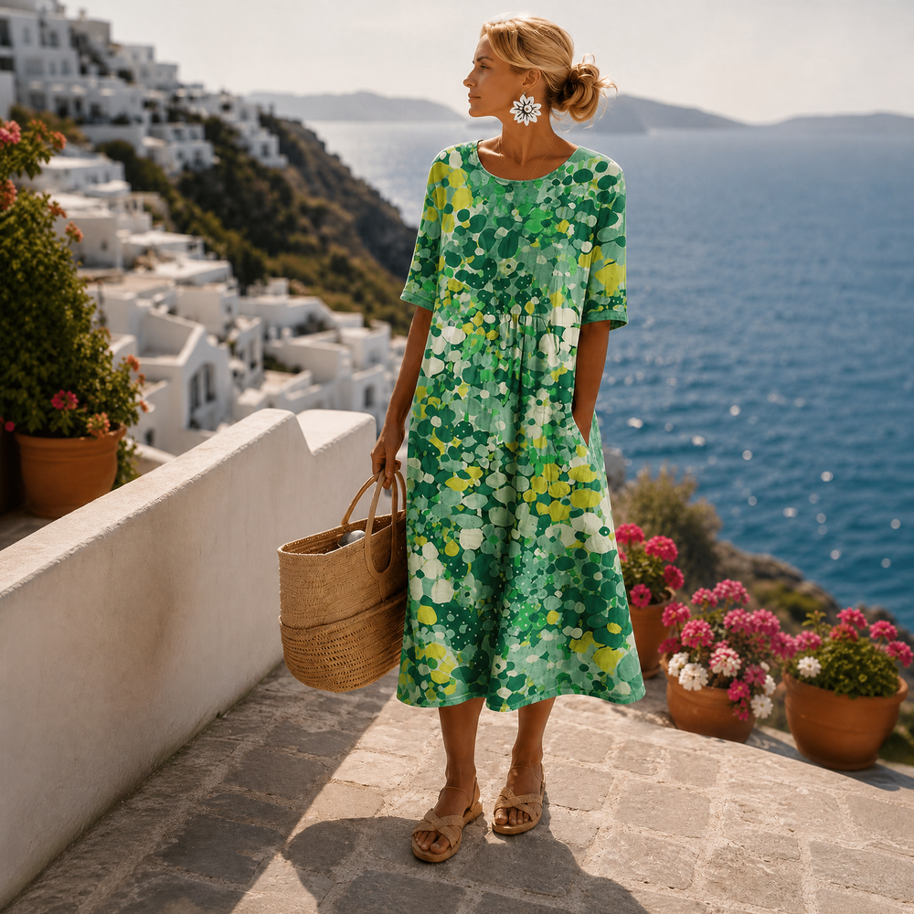 Vestido Playero Floral Midi de Verano en Verde