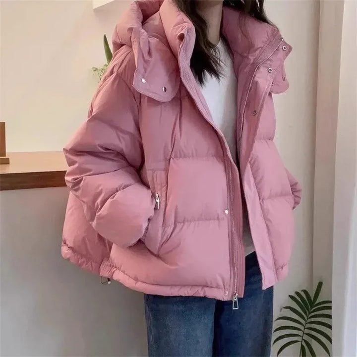 Warme Damen Winterjacke mit Kapuze und Kragen in Rosa