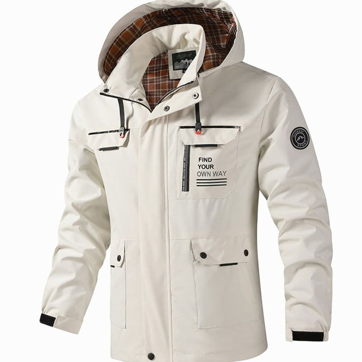 Wasserdichte Herren Jacke mit Kapuze und Taschen in Weiß