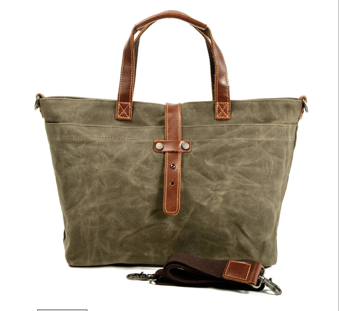 Waxed Canvas Tote Bag Leather-Trim en Sage wood