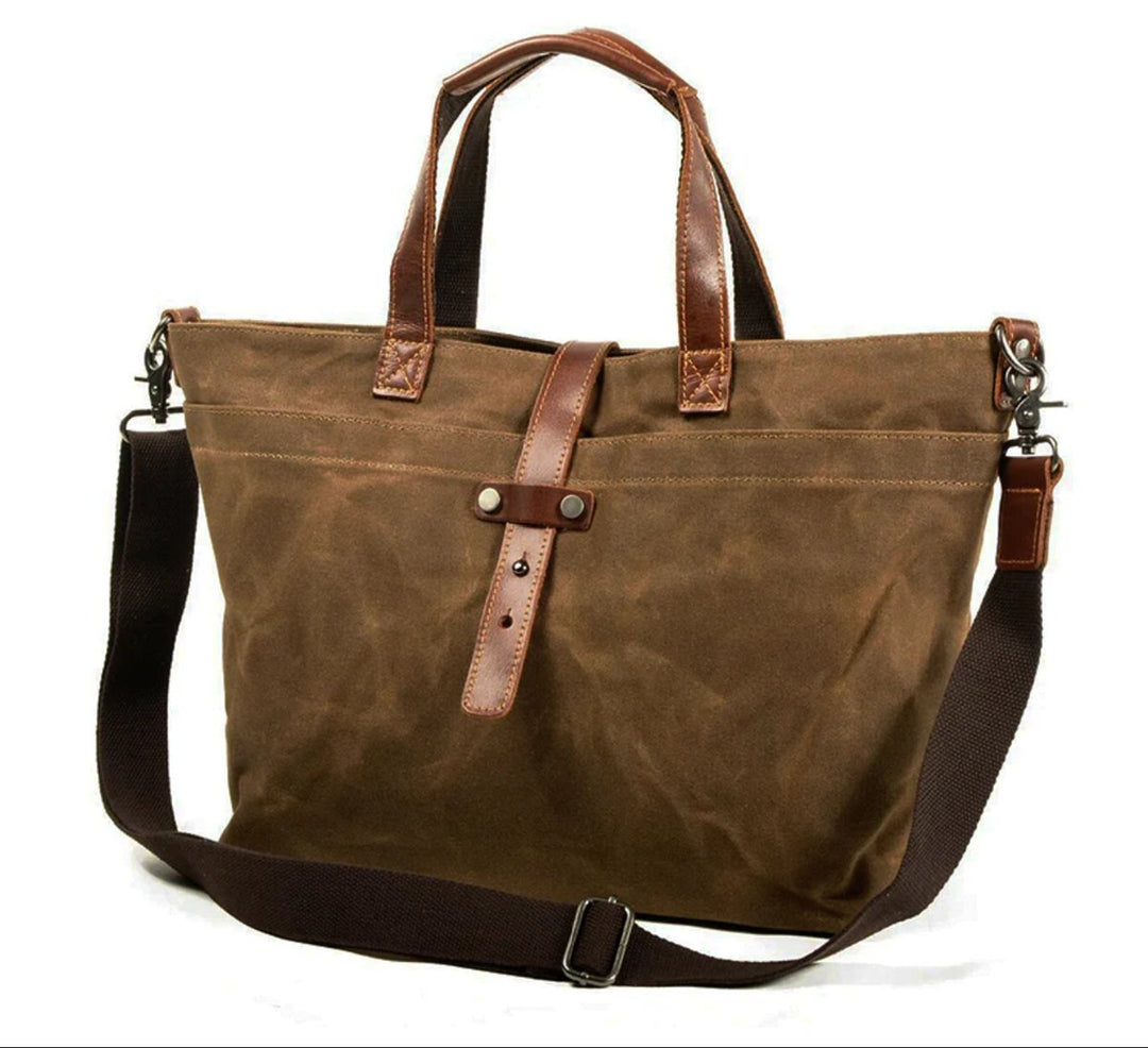 Waxed Canvas Tote Bag Leather-Trim en Tobacco leaf