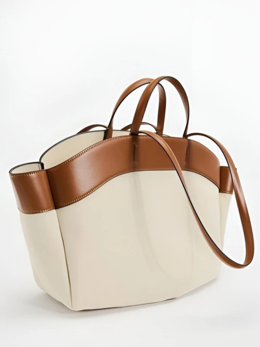 Women's Large Leather-Trim Canvas Tote en Beige and Brown