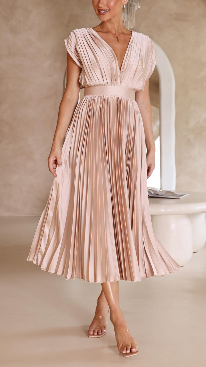 Women's Pleated V Neck Midi en Beige